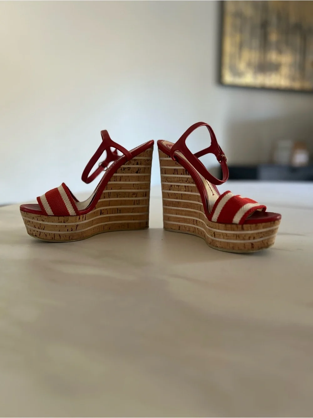 Gucci Red and White Striped Cork Wedge Sandals